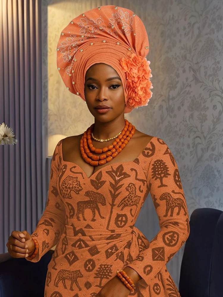 

2025 African Women Hat Muslim Nigerian Aso Oke Auto Gele Headtie Fan Shaped Head Wrap Cap Hair Loss Turban Bonnet Wedding Party