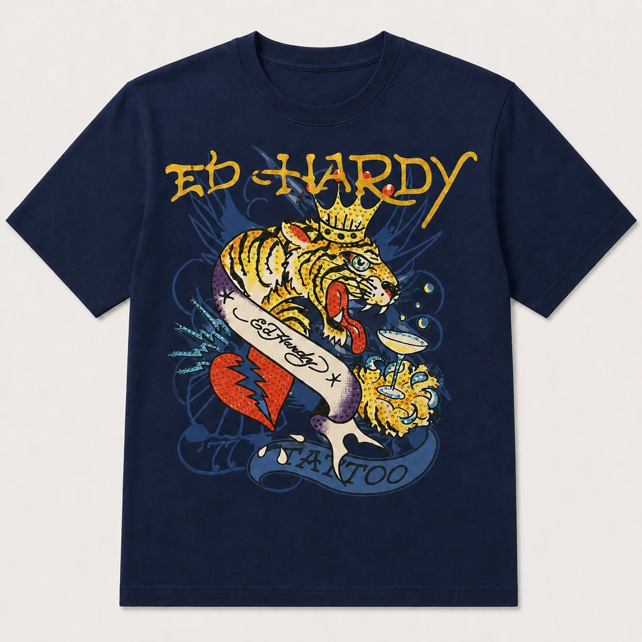 Y2K Harajuku Streetwear Rundhals-T-Shirt mit Gold-Gothic-Schrift und Kronen-Tiger-Tattoo-Banner-Druck, atmungsaktives Baumwoll-Oberteil für Männer und Frauen – Detail 5
