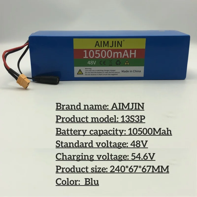 13S3P 48V10.5Ah Lithium Ion Battery Pack Suitable for 48V motors with BMS+54.6V Charger