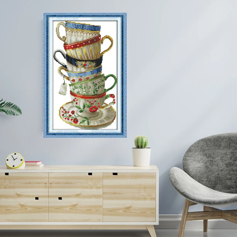 Joy Sunday Elegant Coffee Cup Stamped Cross Stitch Kit 16CT 14CT Aida Cloth DIY Home Deco Sewing Handmade Needle Embroidery Set