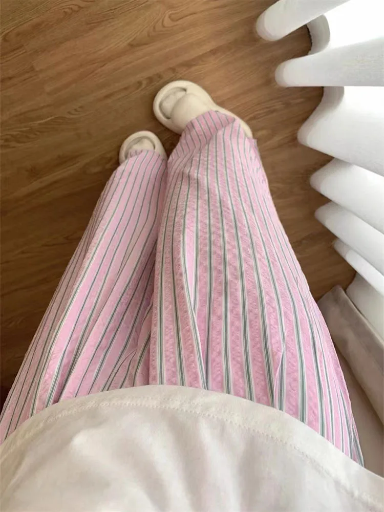 Casual Loose Stripes Wide Leg Pants Women\'s Korean High Waist Drawstring Straight Pajama Trousers Summer Sweet Comfort Home Pant