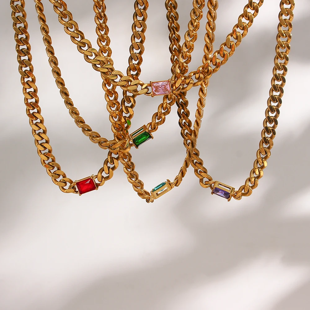 6.5mm Cuban Chain Rectangle Zircon Pendant Necklace Gold Plated Stainless Steel Chain Choker Necklaces For Woman Jewelry