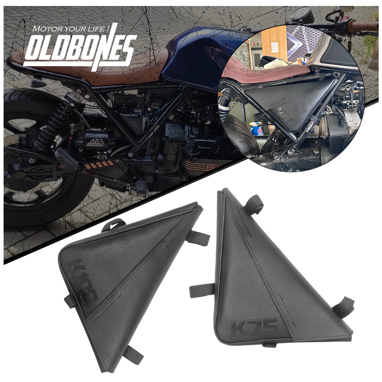 Oldbones For BMW K100 K75 K-series Cafe Racer Motorcycle Black Side Frame Bag Luggage Bags Tool Bags Side Bracket Pocket 2PCS