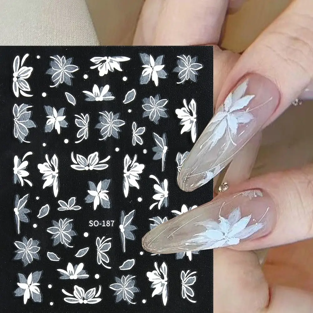 3D Charm Nail Art Stickers Floral Petal Simple Black White Flower Wedding Design Adhesive Slider Decals Nail Decoration