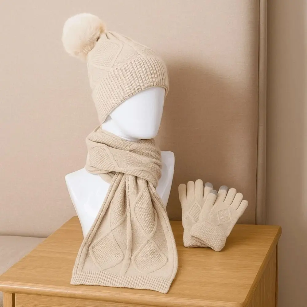 Berretti Berretto Sciarpa elastica e set di cappelli Touch screen caldo Guanti resistenti al freddo Fibre acriliche tinta unita Cappello di lana da donna