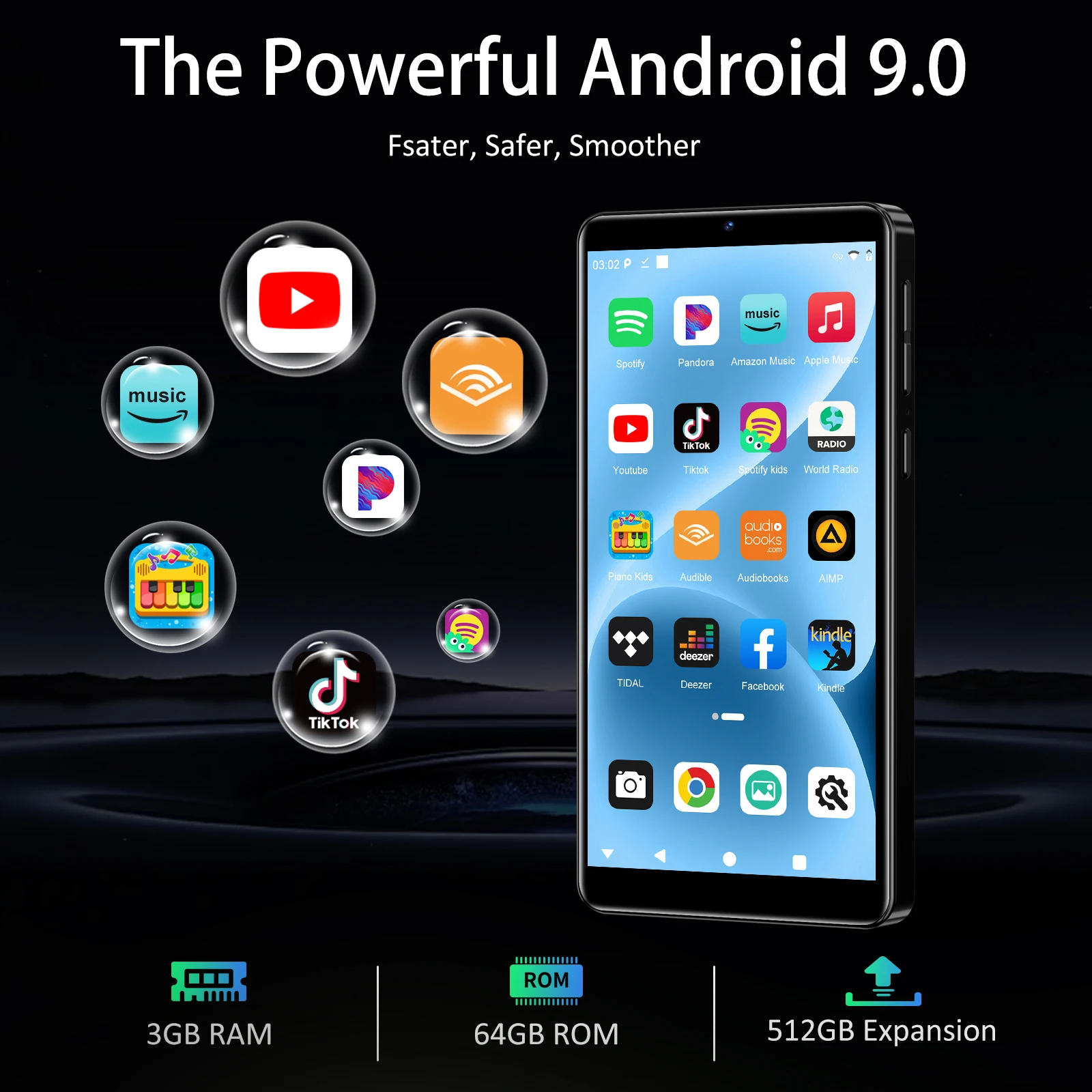5.5 Inch Touch Screen MP3/MP4 Player, Android 9.0, 80GB Built-in Memory, Bluetooth WiFi, 13MP Camera, 512GB Expandable Storage