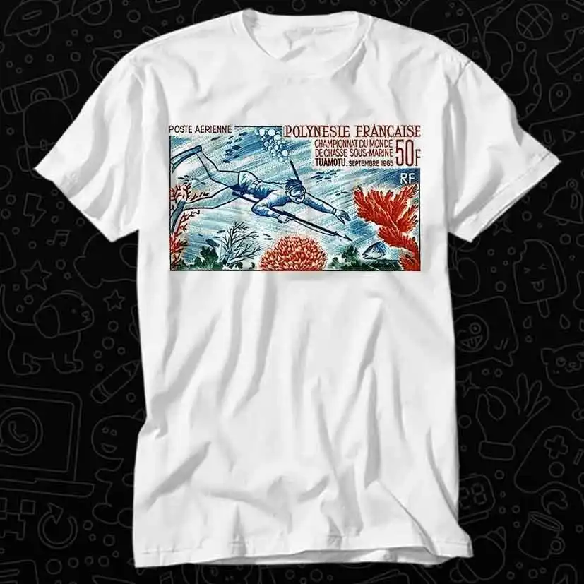 1965 French Polynesia Spearfishing Postage Stamp T Shirt Best Seller Top Adult Music Movie OZ526