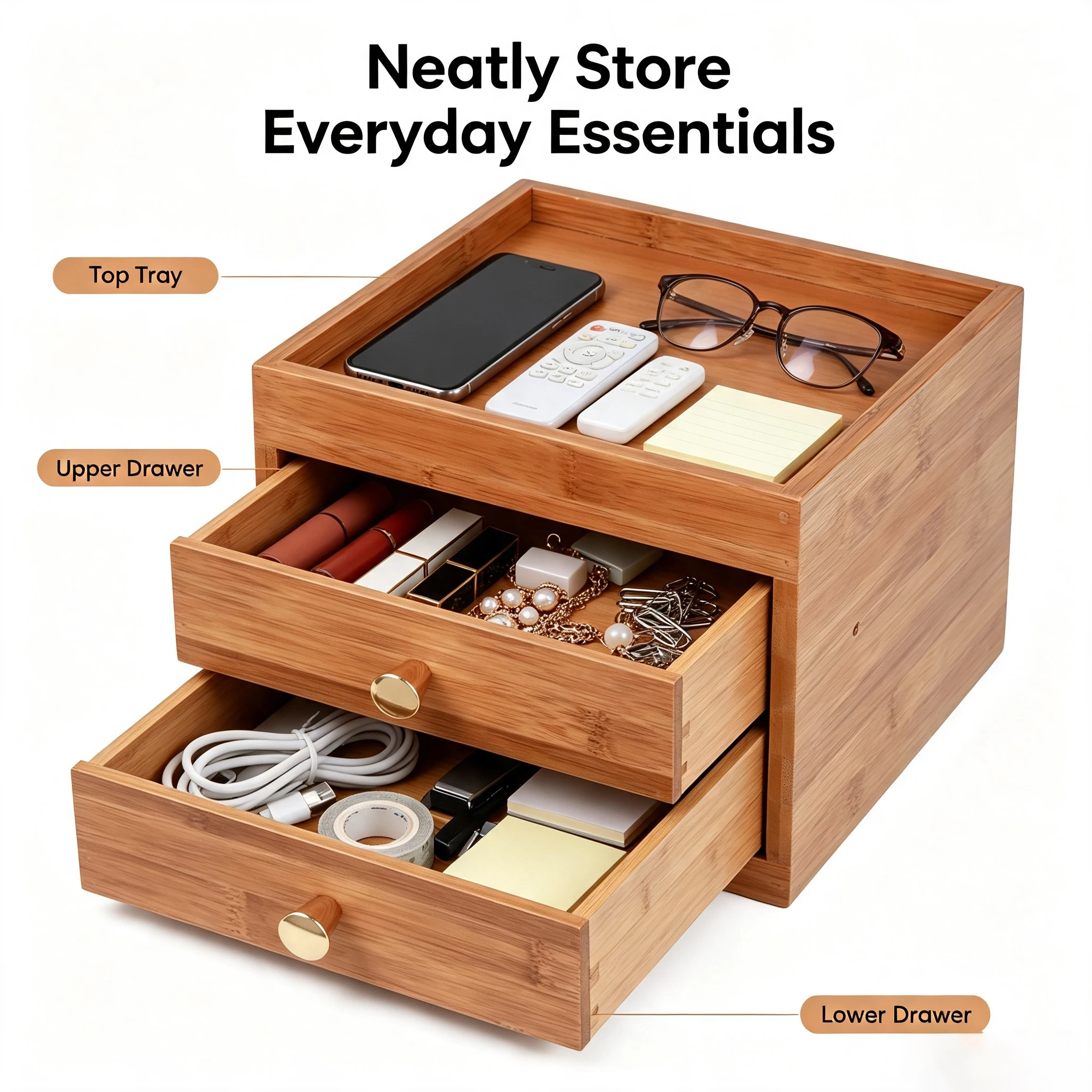 Dark Walnut Tone Carbonized Bamboo Storage Box, Desktop Organizer Top Tray, Makeup Desk Drawer Organizer for Vanity & Office