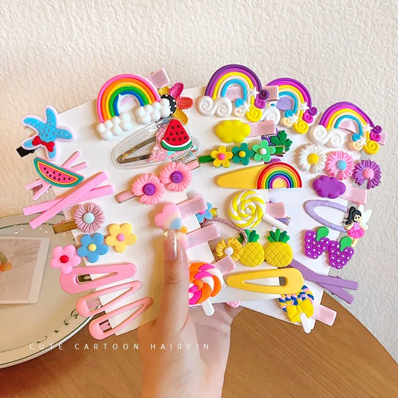 14Pcs/set Children's Hairpin Cute Bb Clip Girls Broken Hair Bangs Side Rainbow Girls Headgear Gift Cartoon Flowers image 3