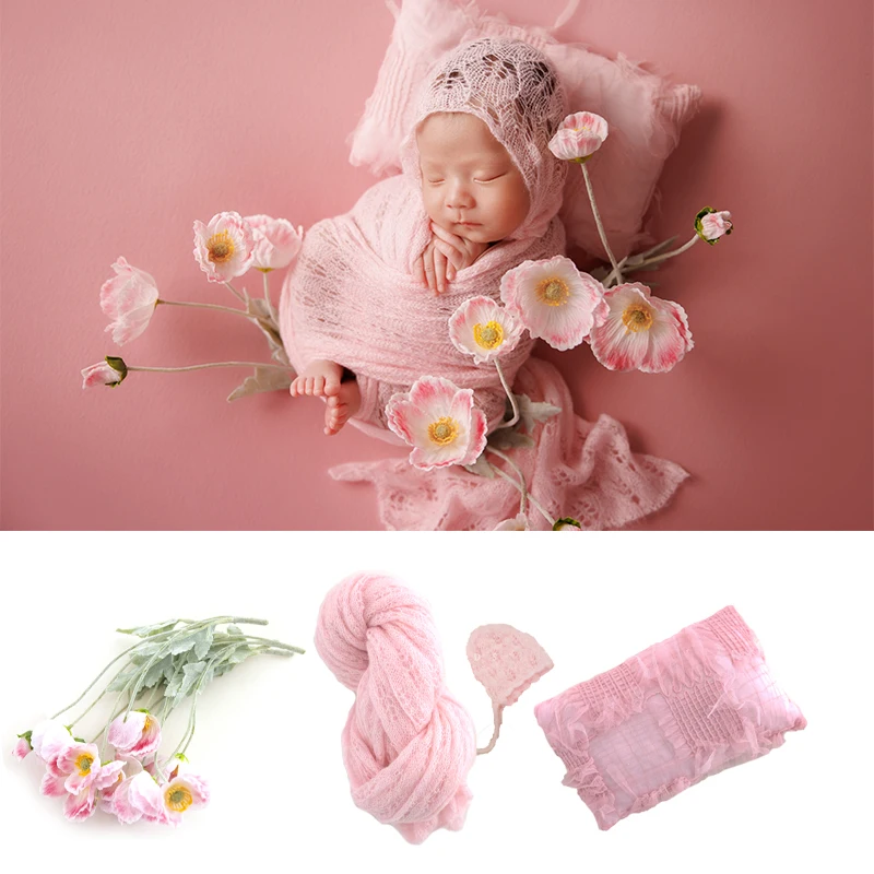 0-1 Month Baby Girl Photo Props Pink Sweet Knitted Hollow Wrap Hat Set Newborn Photography Accessories Pillow Artificial Flower