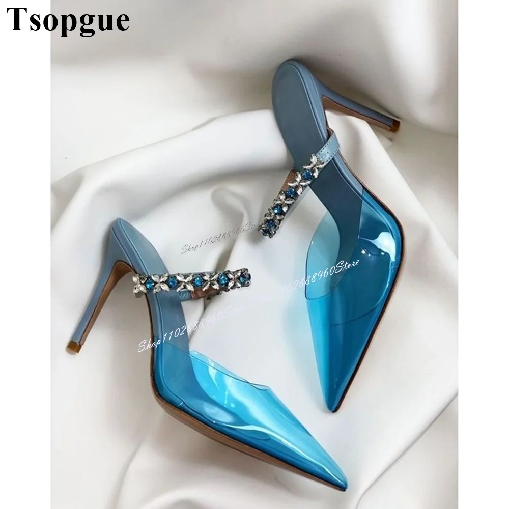 Graceful Mixed Color PVC Crystal Decor Sandals Thin High Heel Women Shoes Slip-On Pointed Toe 2024 Fashion Zapatos Para Mujere