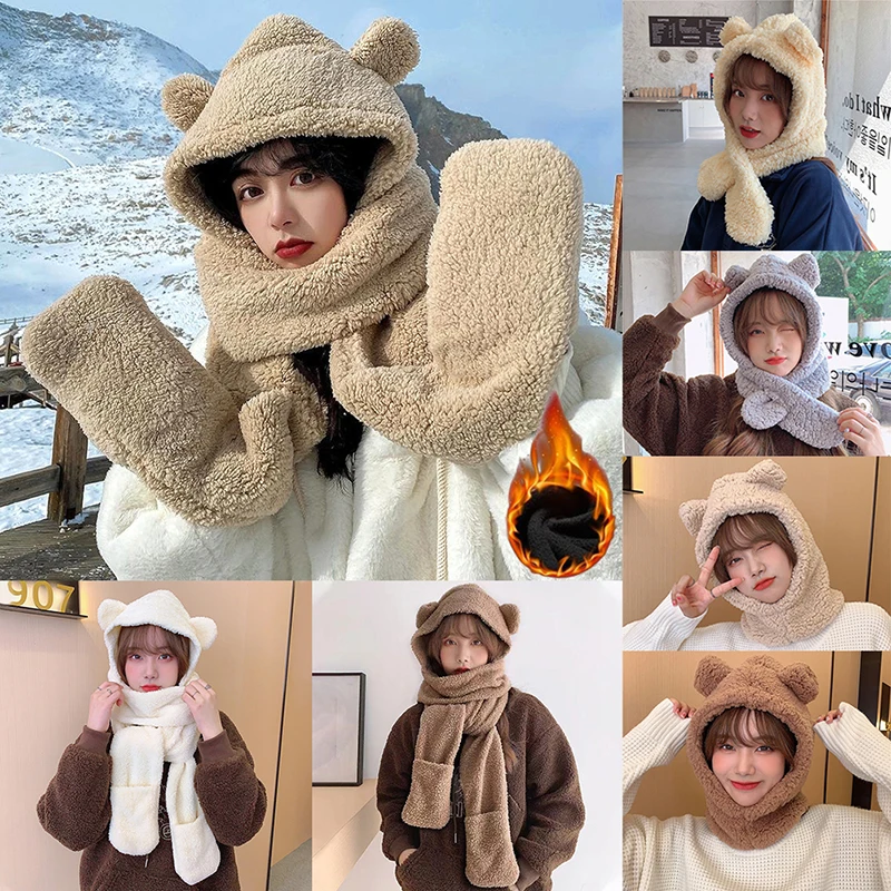 

1Pc Cute Bear Ear Hat Scarf Gloves 3-in-1 Winter Warm Hedging Cap Women Windproof Plush Hat Scarf