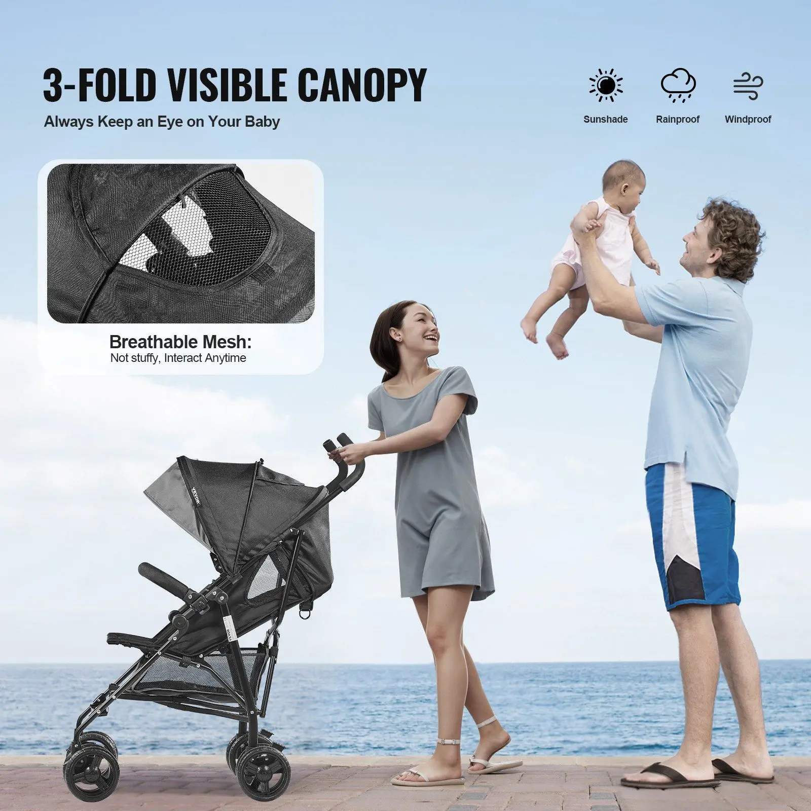 Lightweight Stroller Compact Easy Fold Adjustable Backrest Dark Gray/Black