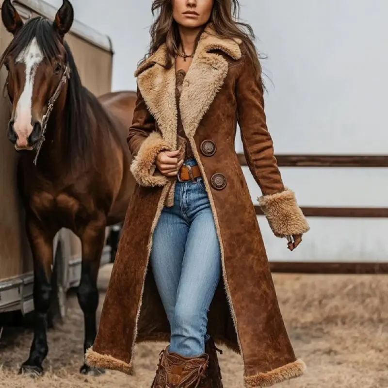 

2025 Women Denim Western Coat Retro Sherpa Lined Winter Warm Ranch Style Jacket Plush Collar Casual Cowboy Vintage Outerwear