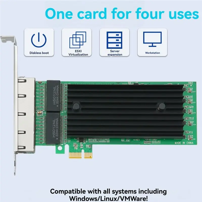 Pcie X1 Gigabit Ethernet Adapter 4-Port Network Card With Integrated I82576 Chip, For Windows 10/11, Ubuntu, And Linux Systems