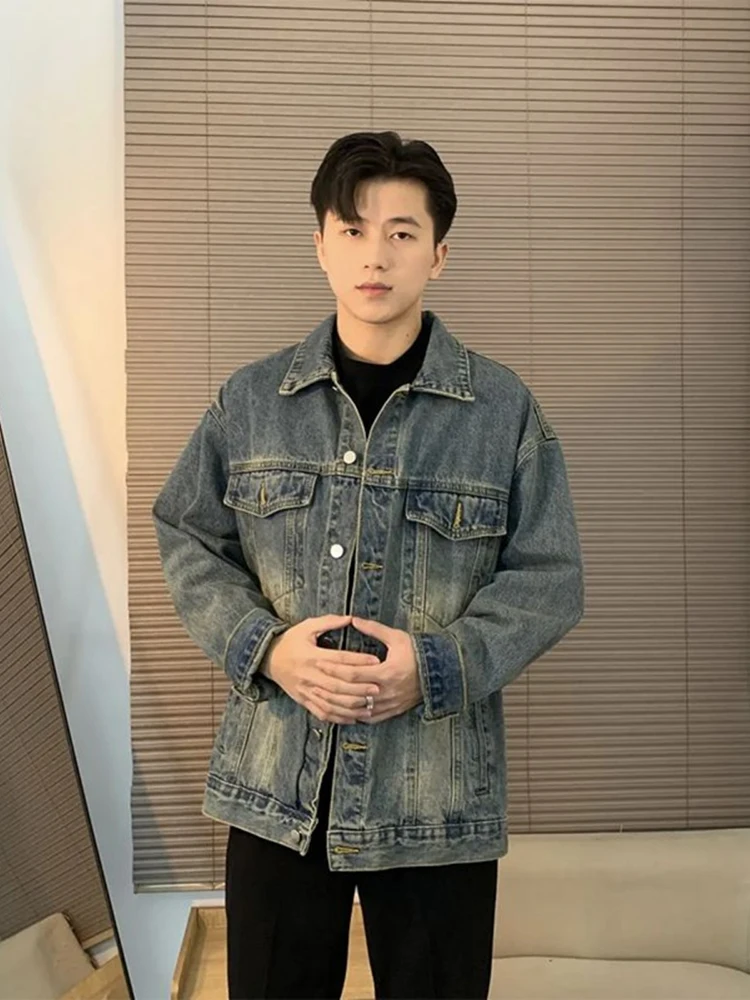 

Retro American Blue Denim Jaet Men's ort Spring Autumn Cleanfit Workwear Jaet Waed Vintage Jeans irt Outdoor Casual