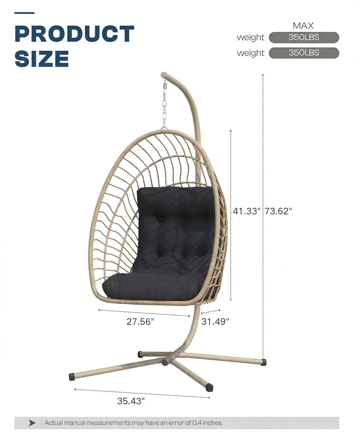 PE Rattan Egg Chair With Stand Hanging Swing Cushion Heavy Duty Metal Frame 350lbs Patio Porch Garden Bedroom 2pcs