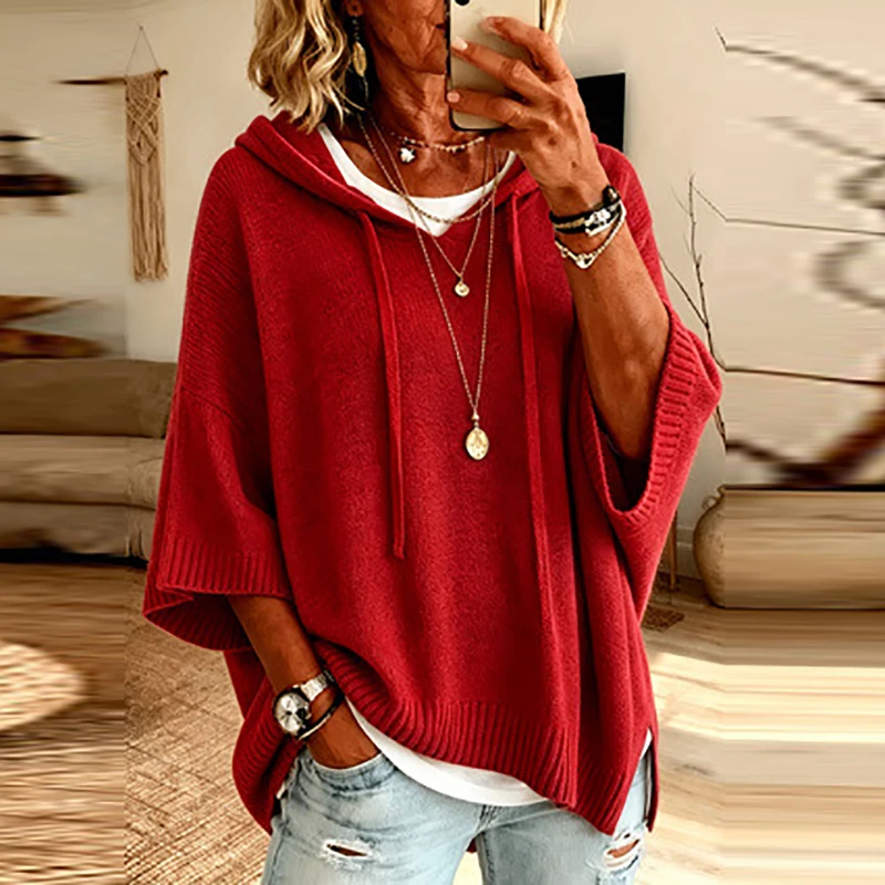 New Autumn Winter Hoodies Sweater Women Casual Striped Printed Sweaters For Women Fashion 3/4 Sleeve Drawstring Jumper Red