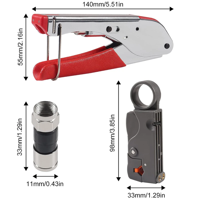 Coax Cable Crimper Coaxial Compression Tool Kit Wire Stripper with 10pcs F RG6 RG59 Connectors