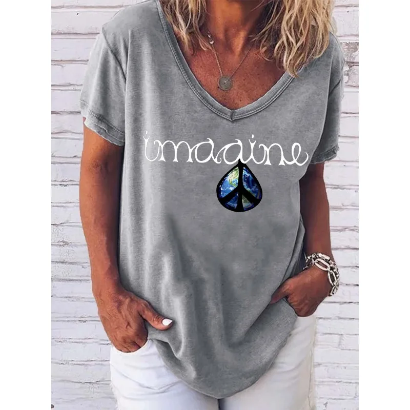 ilstile Women's Hippie Letter Print T-Shirts Summer Short Sleeve T Shirt Casual Loose V Neck Tops Tees New Arrival