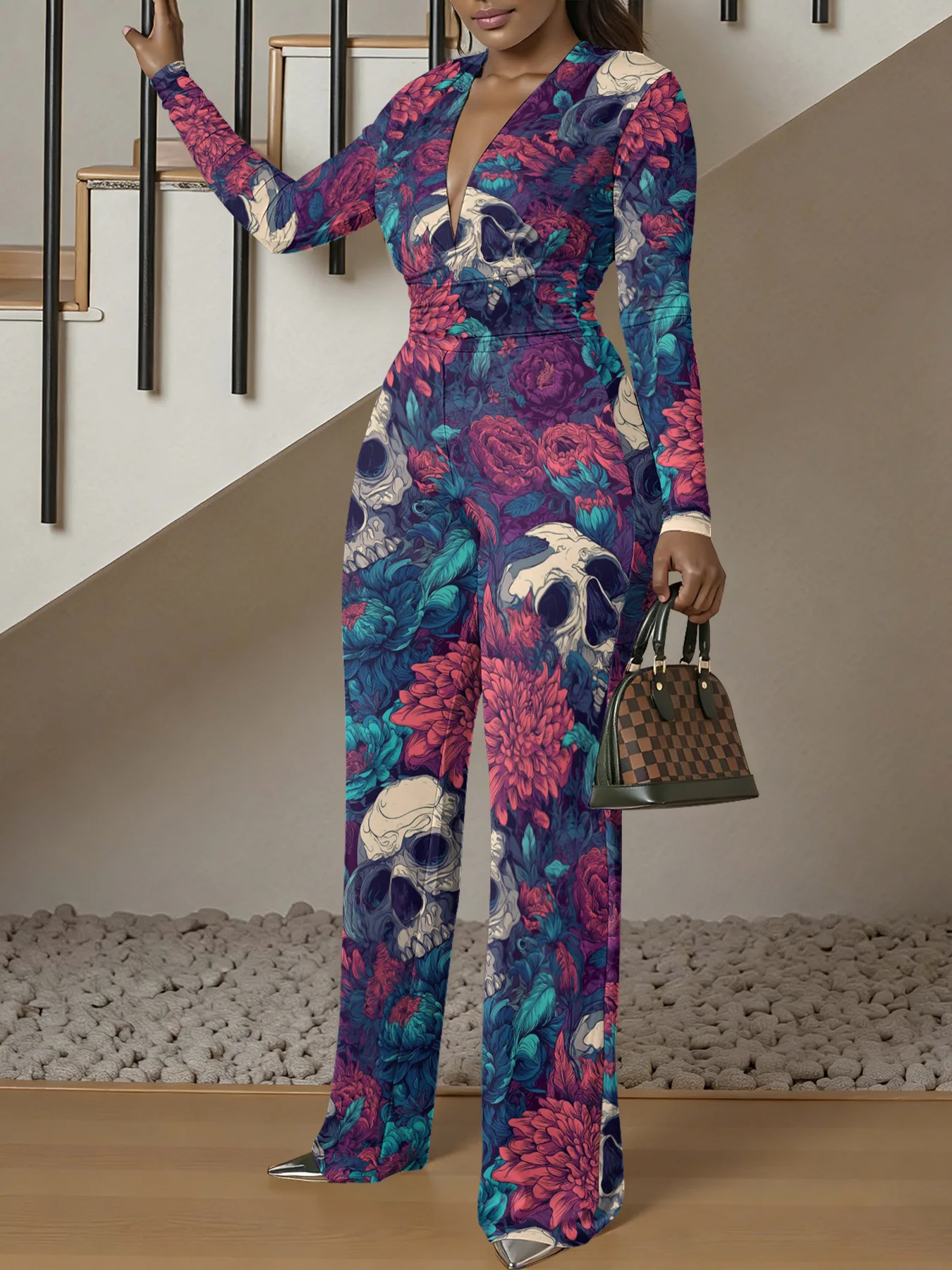 V-neck Long Sleeve Bodycon Jumpsuit autum Women Stretchy One-Piece Bodysuit spring Luxury Streetwear Beach Party Girl