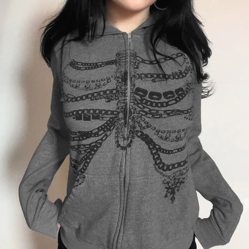 

Personalized foreign trade dark style sternum printing hooded cardigan sweater American niche design sense loose casual jacket