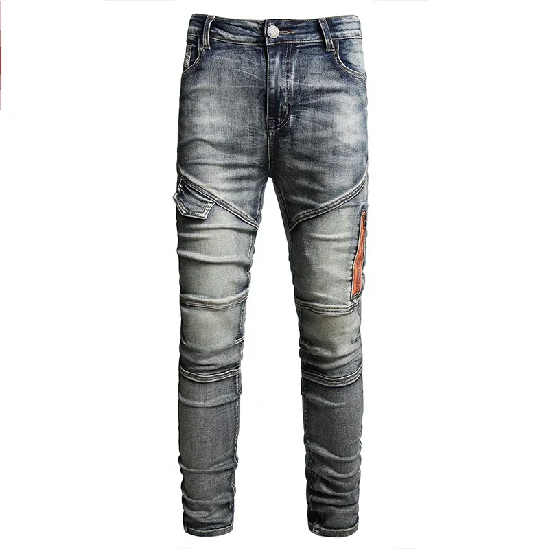 2024 New Motorcycle Jeans Men's Skinny Feet Party Men's Clothing Personality Zipper Fashion Retro Men's Long Pants