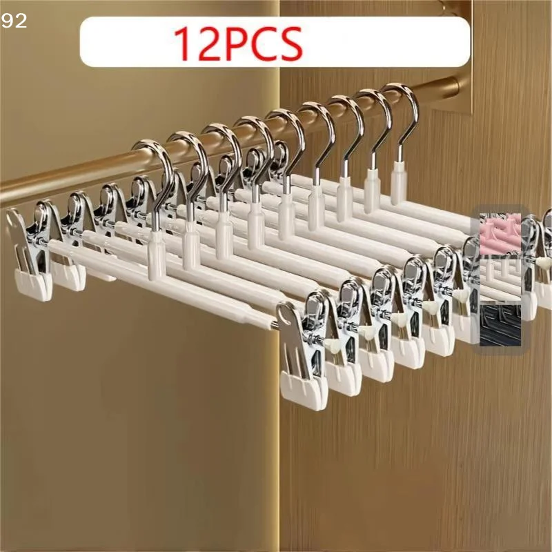 12Pcs Adjustable Metal Hangers With Clips, Non-Slip Space-Saving For Pants/Skirts & All Garments, Keep Clothes Tidy & Organized