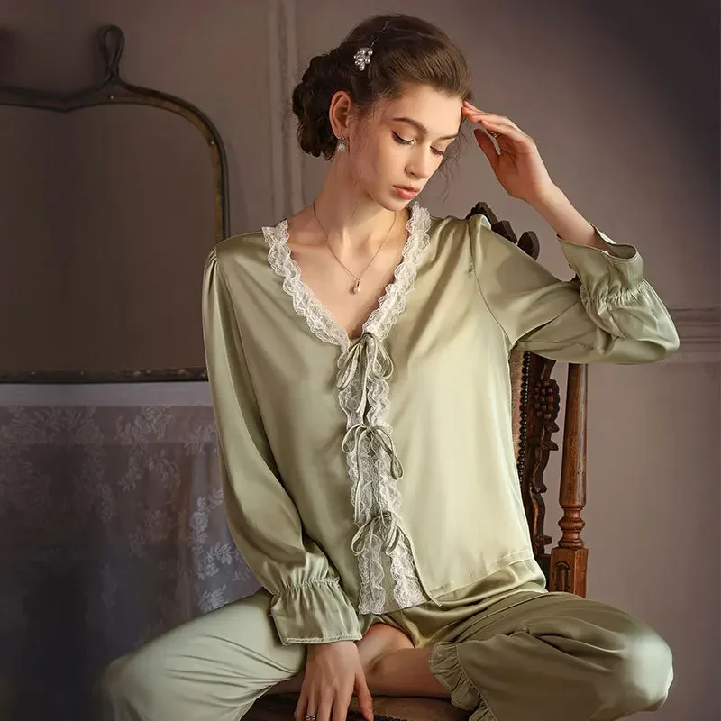 Ropa de dormir fina de satén para mujer, ropa de dormir con borde de encaje, cárdigan de manga larga con cuello en V, conjunto de pijama estilo corte francés para verano