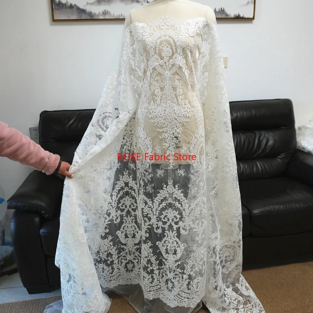 Luxury Beaded Bone Lace Embroidery Tulle Cloth for Bridal Mermaid Gown Cheongsam Formal Dress DIY Craft Supplies