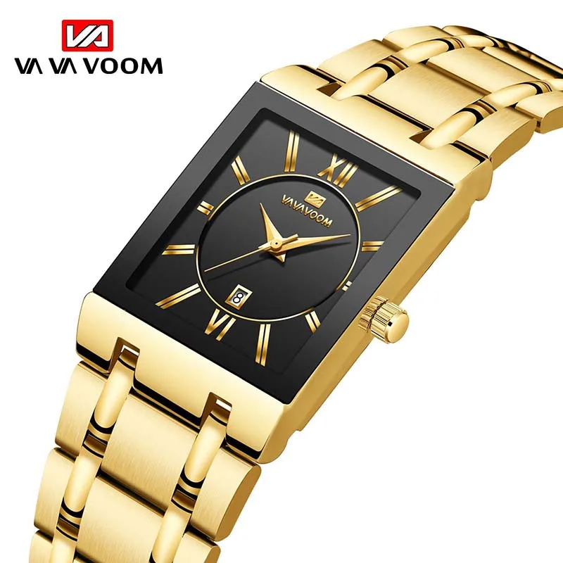 

New Unique Square Men Watch Luxury Brand Stainless Steel Gold Quartz Wristwatches Business Waterproof Gift Clock Calendar hombre