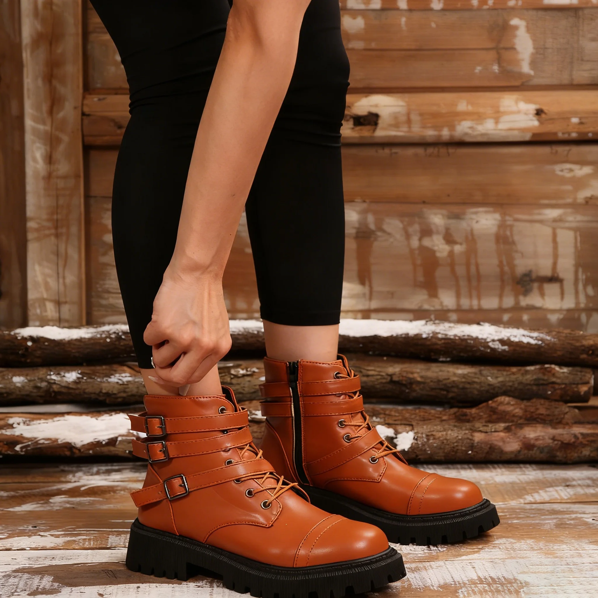 

Осенне-зимние женские рыцарские сапоги до середины икры с пряжкой, модные кожаные сапоги большого размера с толстой подошвой, круглый носок, низкий каблук, резиновая подошва