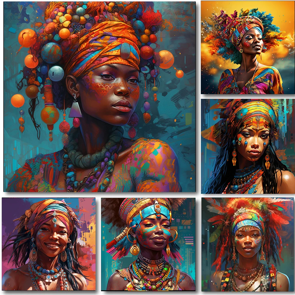 

African Traditional Culture Black Woman Portrait Posters Prints Color Family Art Canvas Painting Living Room Home Decor Picture