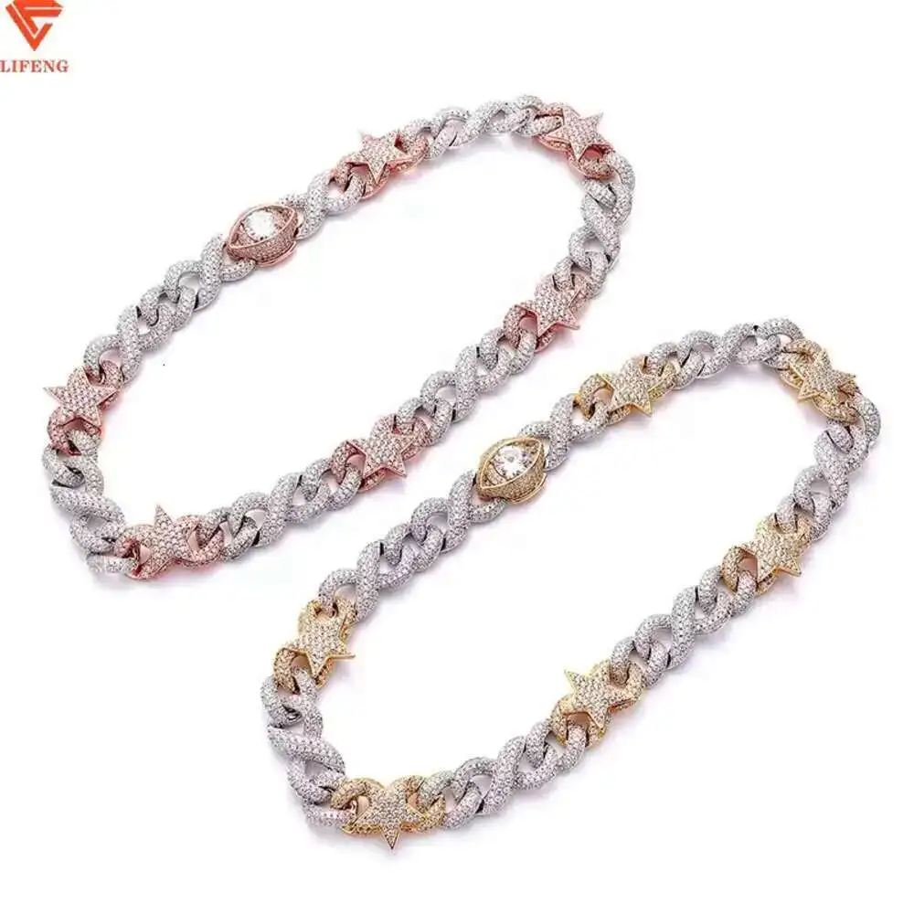 

New Custom Full Iced Out Moissanite Diamond 20 Inches Star Shape Silver Rose and Gold Chain Necklace Star Cuban Chain for Men
