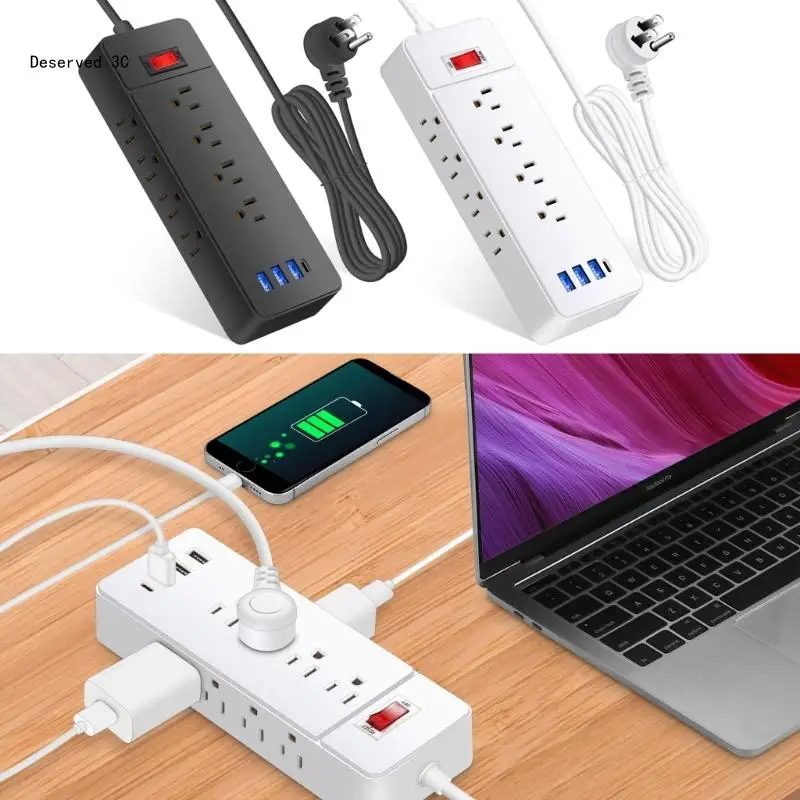 Power Strips with 180cm/5.9ft Cord 12Outlets USB/Type C Port Low Flat Plugs for Home and Office Use Power Supply