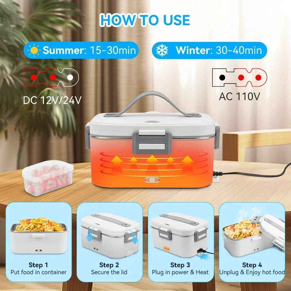 1.5 L 60W Electric Lunch Box Food Warmer Portable Food Heater for Car Or Home - Leak Proof 304 Stainless Steel Liner