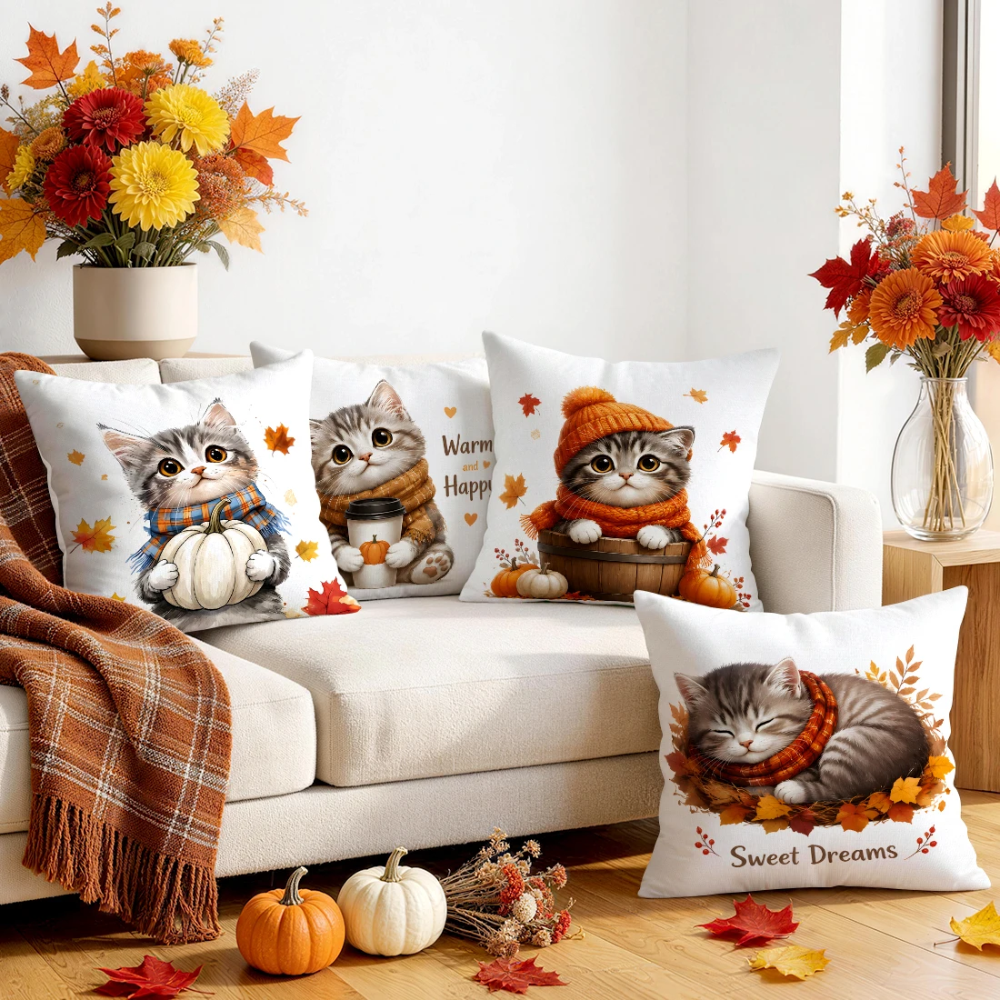 1pcs/4pcs Pumpkin Coffee Kitten Cushions Pillowcase Polyester Cushion Cover Throw Pillow Pillowcover Home Car Sofa Decor