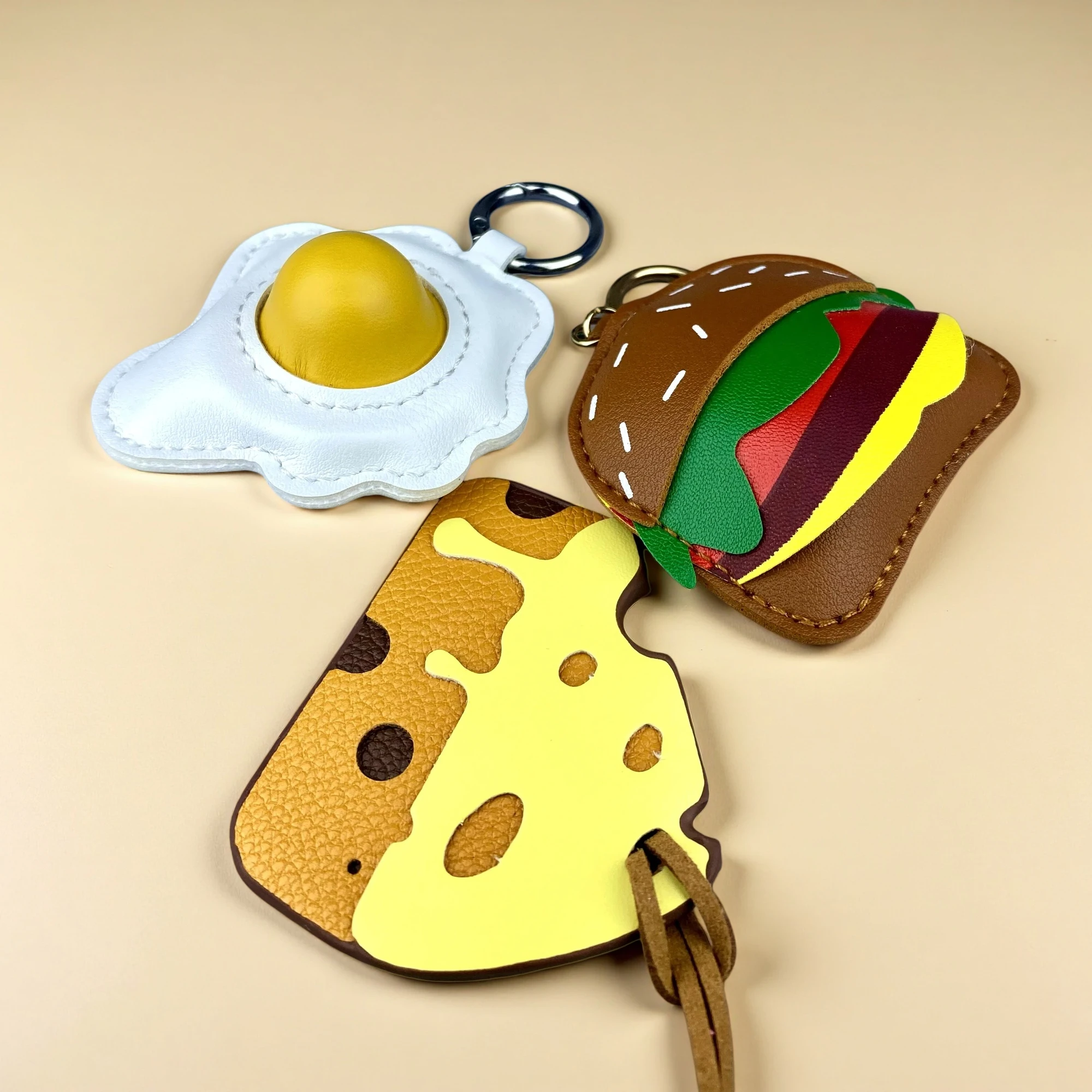 Adorable PU Leather Food Keychain, Cute Coffee Cup, Burger, Cheese Slice & Fried Egg Pendant, Realistic Breakfast Charm, Gift view 5
