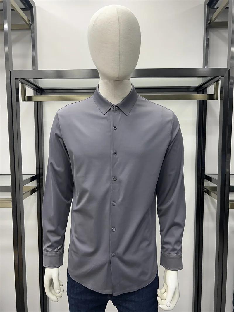 

Spring 2023 Men's Busin Casual Long Sve T-irt Button up Collar Elastic No Iron irt Stand Fit Faion Urban Sle