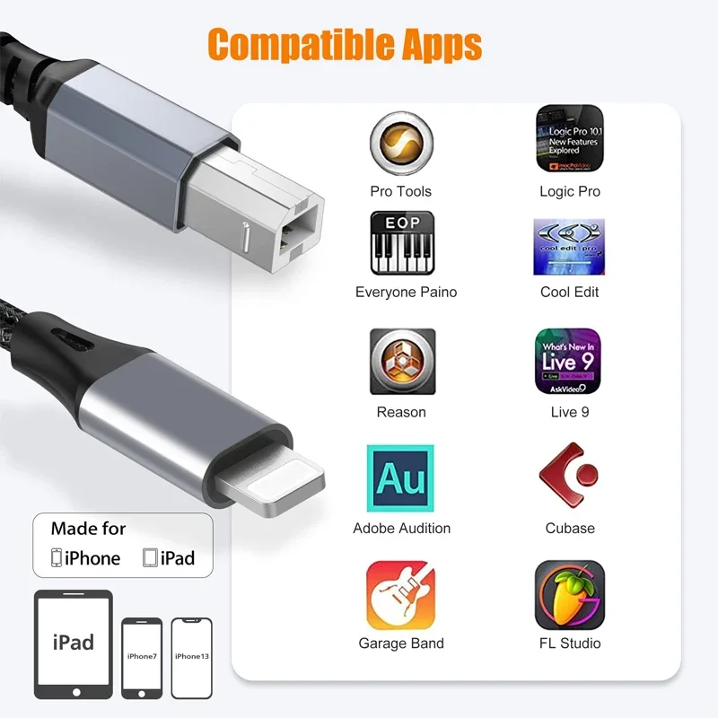 Adaptador de 8 pines a MIDI para Lightning iPhone 14 iPad a tipo B, Cable USB macho a macho, instrumento de música electrónico, interfaz de Audio