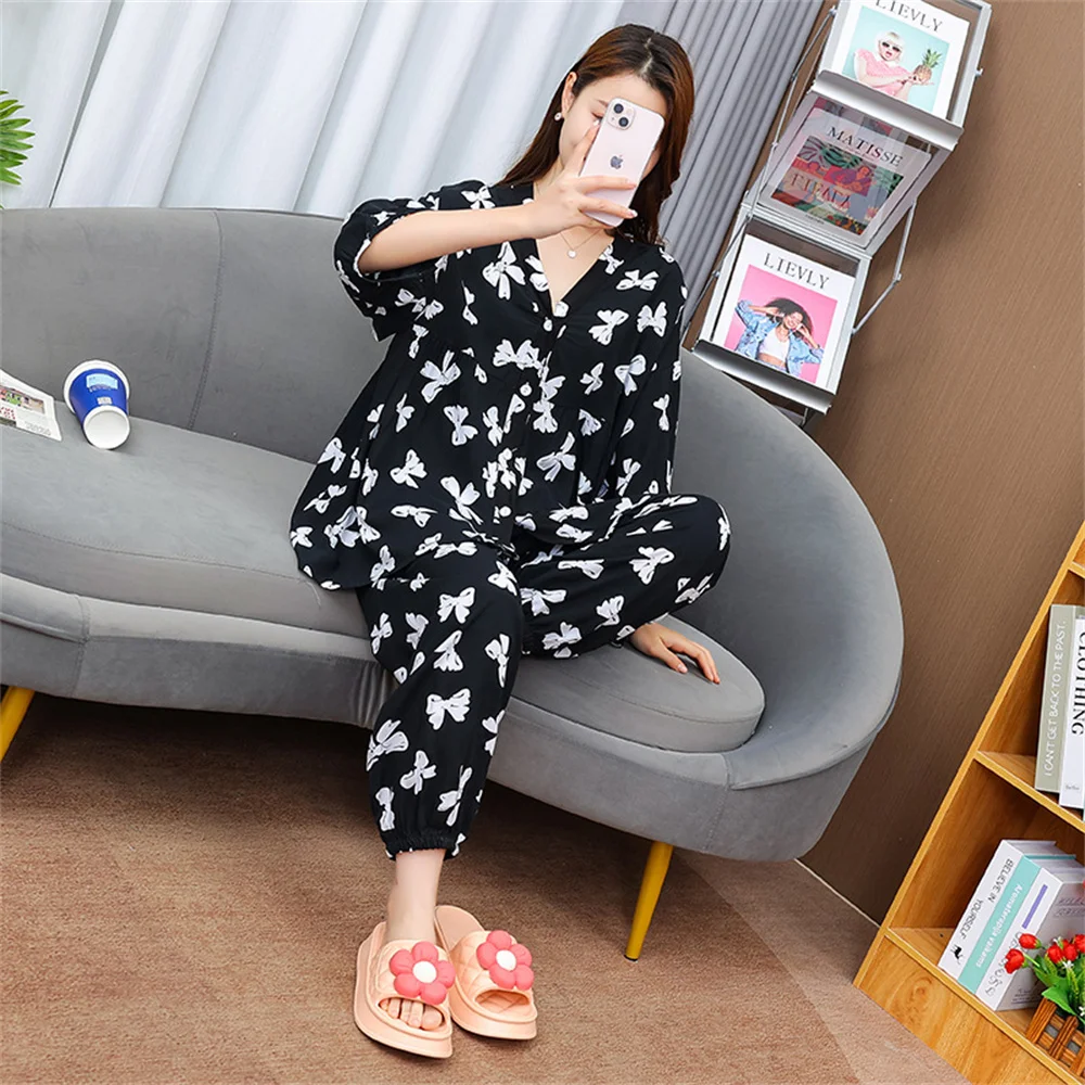 Cotton silk pajamas women spring and summer thin loose large size medium sleeve trousers rayon cotton set home can wear cardigan