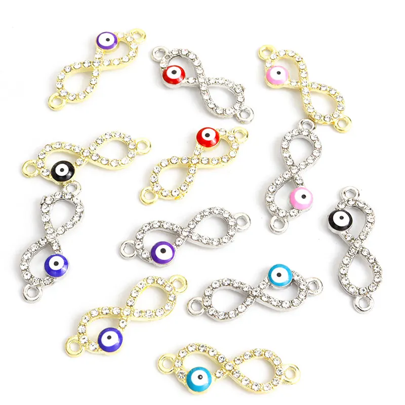 10pcs Infinity 8 Rhinestones Alloy Charm Connectors 10*27.3mm Lucky Evil Eye Enamel Metal Pendants DIY Jewelry Gifts Accessories