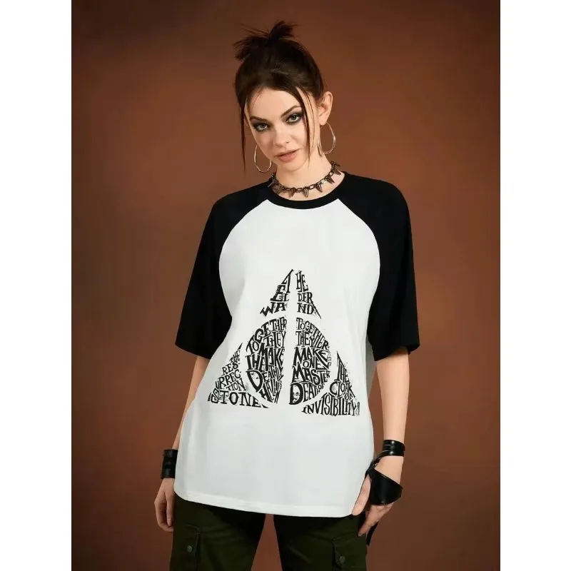 "Miniso Harry Potter IP Deathly Hallows Logo نص ملابس الوالدين والطفل بأكمام قصيرة 2025 نمط صيفي جديد، طباعة ثلاثية الأبعاد" #2