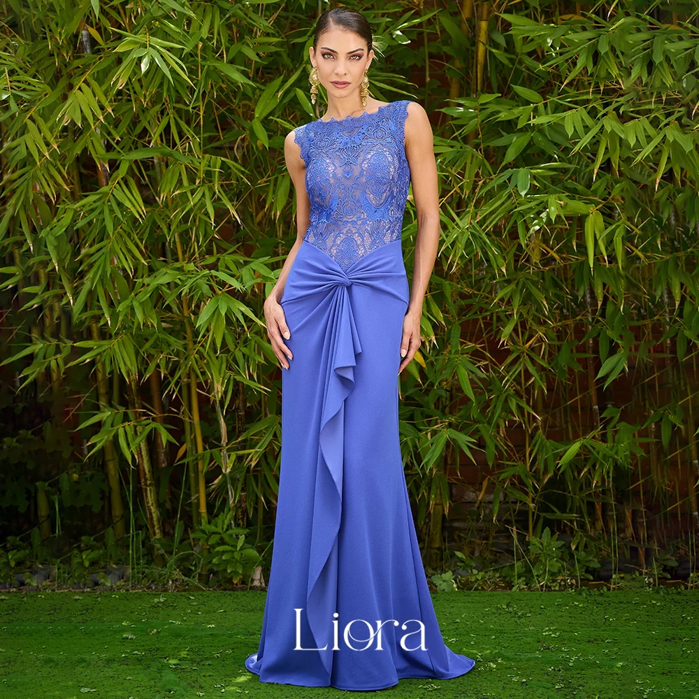 Liora Customized Classic Mermaid Crew neck Jersey Evening Dresses Chest Sheer with Lace Floor Length Prom Party Occasion Gowns