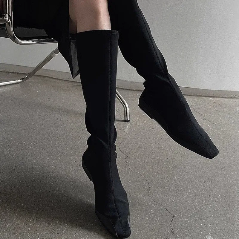 Flat Bottom Knee High Sock Boots Women Pointed Toe Stretch Fabric Long Booties Ladies Autumn Winter British Style Work Boots