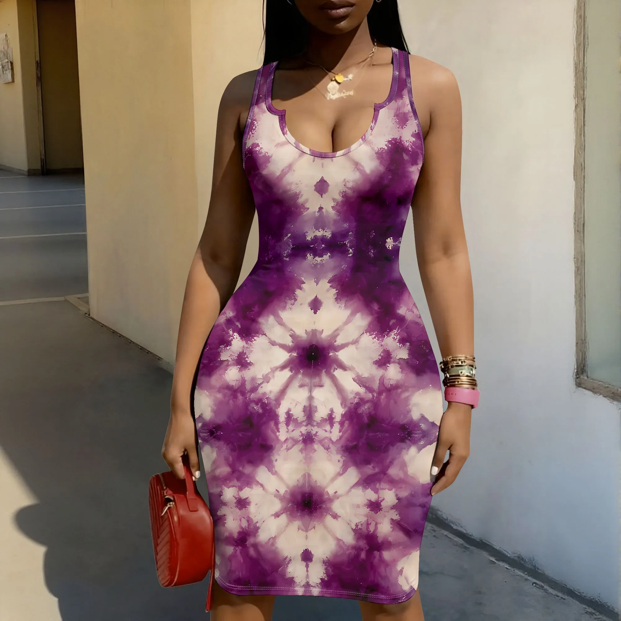 Tie-Dye Bodycon-Kleid, Lila Bedrucktes Tanktop-Kleid, Ärmelloses Sommer-Minikleid für Party, Club, Strand, Date-Night XS-2XL