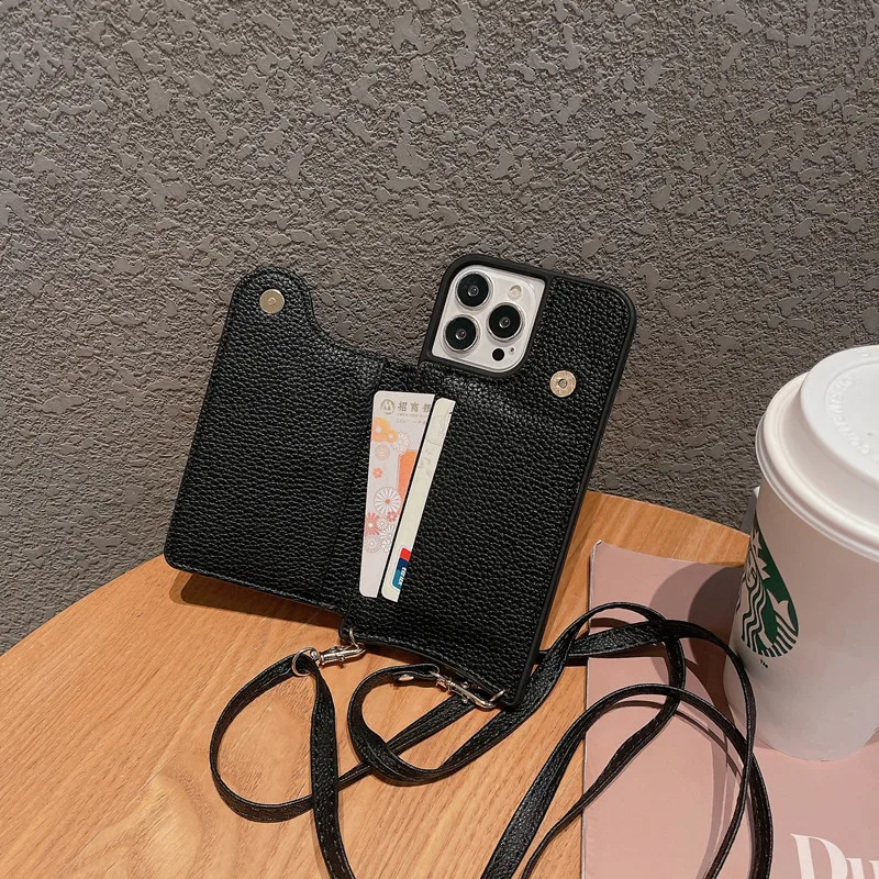 Leather Cover Case For iphone 14 13 12 11 Wallet Bag Purse Card Slot Holder Phone Holder Case with Crossbody Lanyard Strap