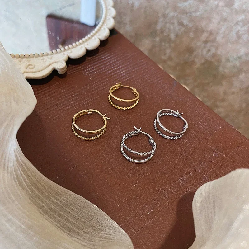 925 Sterling Silver Needle Double Layer Metal Round Hoop Earrings for Women Gold Color Silver Crystal CZ Huggie Earrings Jewelry
