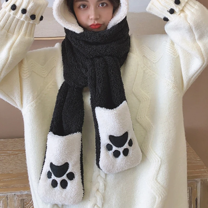 Panda Hat Scarf Gloves 3-piece Set Plush Cartoon Hats Scarf Mitten Gloves with Pockets Hoodie Costume