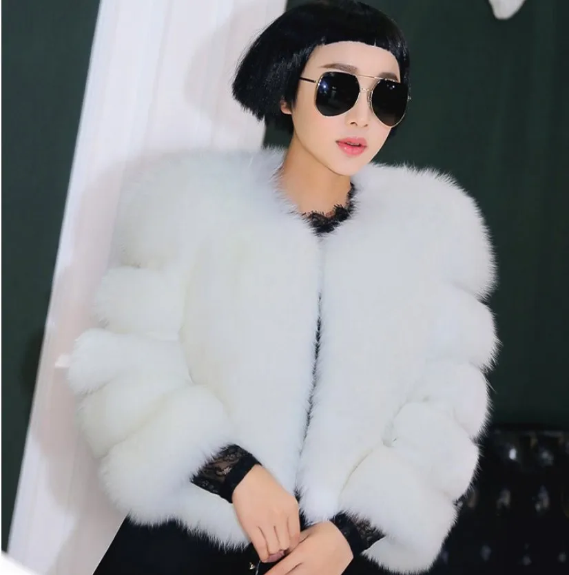 Fake Fur Coat for Women's New Winter Short Mixed Fur Coat with Round Neck and 3/4 Sleeves